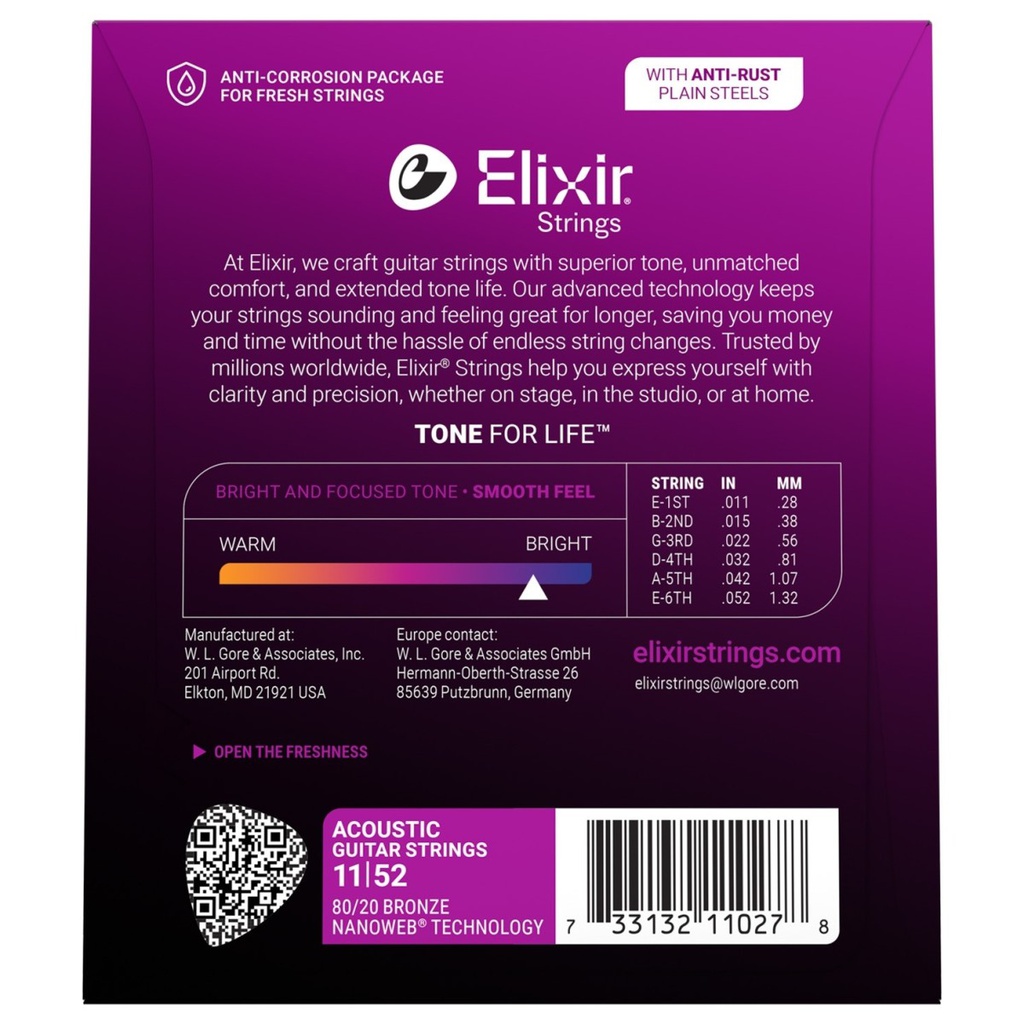 Elixir Nanoweb 11/52 Custom Light Bronze 11027