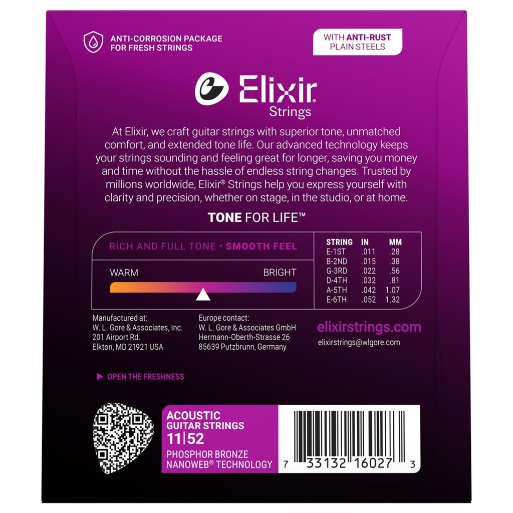 Elixir Nanoweb 11/52 Custom Light Phosphor Bronze 16027